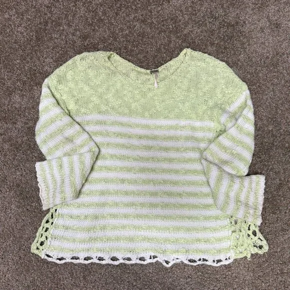 Free People Open Knit Sweater Women XS Green White Striped Loose Textured Cotton - Picture 7 of 12